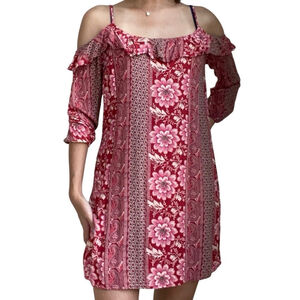 Hollister Mini Dress Small Red Boho Floral Paisley Cold Shoulder